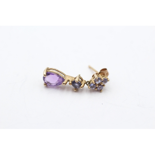 127 - 9ct gold tanzanite & amethyst drop earrings (1.8g)