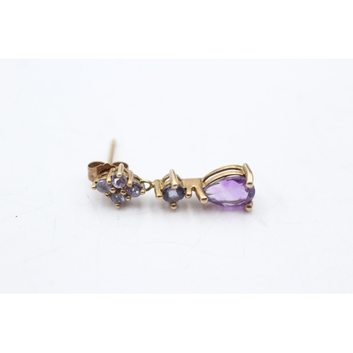 127 - 9ct gold tanzanite & amethyst drop earrings (1.8g)