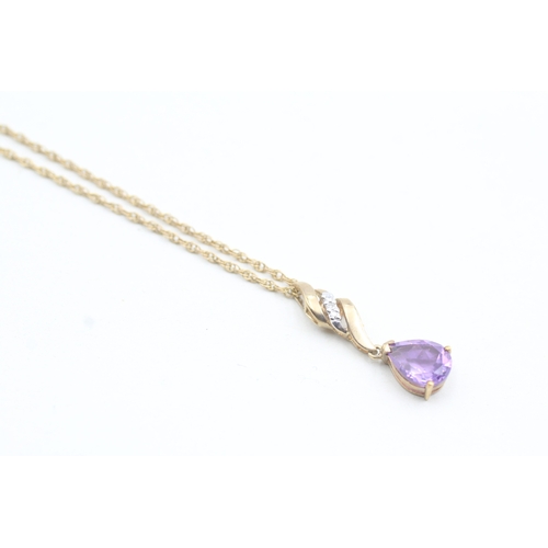 146 - 9ct gold pear cut amethyst & diamond pendant necklace (2.8g)