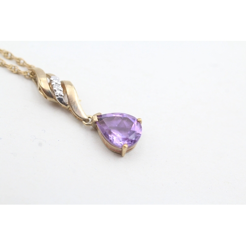 146 - 9ct gold pear cut amethyst & diamond pendant necklace (2.8g)