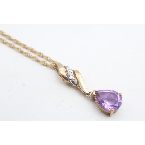 146 - 9ct gold pear cut amethyst & diamond pendant necklace (2.8g)