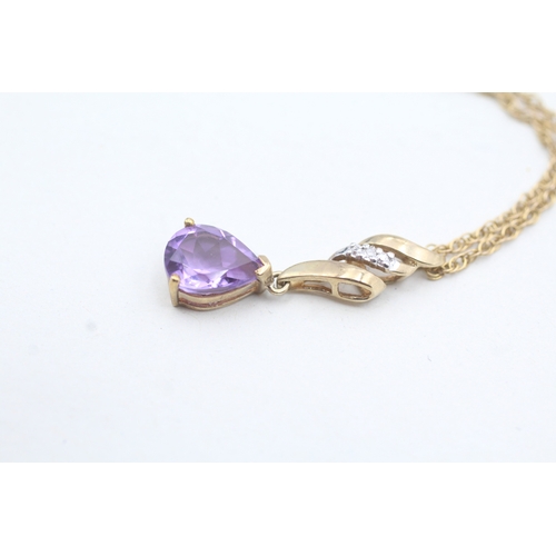 146 - 9ct gold pear cut amethyst & diamond pendant necklace (2.8g)