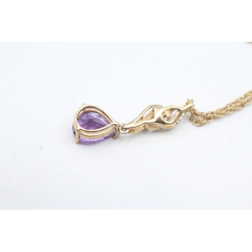 146 - 9ct gold pear cut amethyst & diamond pendant necklace (2.8g)