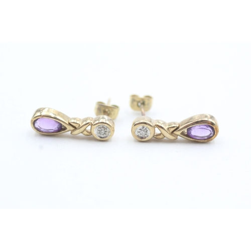 15 - 9ct gold pear cut amethyst & diamond drop earrings (2.7g)