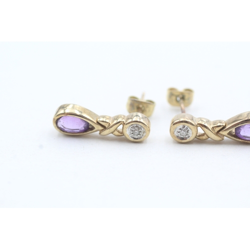 15 - 9ct gold pear cut amethyst & diamond drop earrings (2.7g)