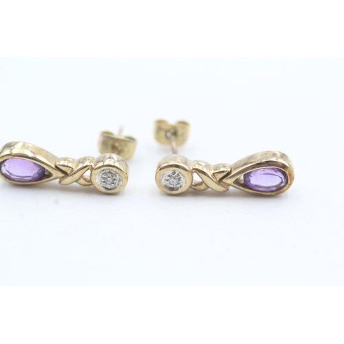 15 - 9ct gold pear cut amethyst & diamond drop earrings (2.7g)