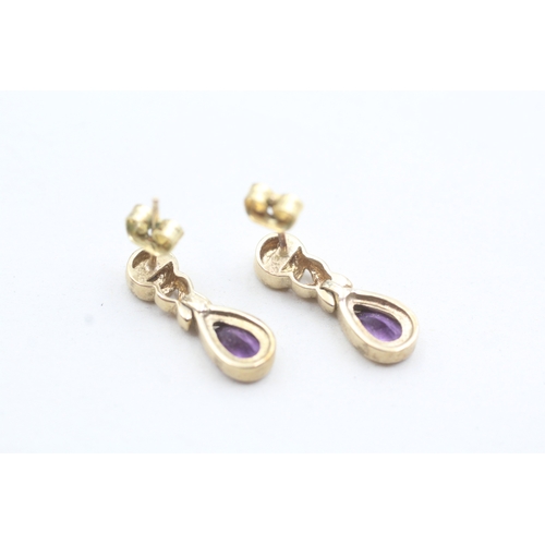 15 - 9ct gold pear cut amethyst & diamond drop earrings (2.7g)