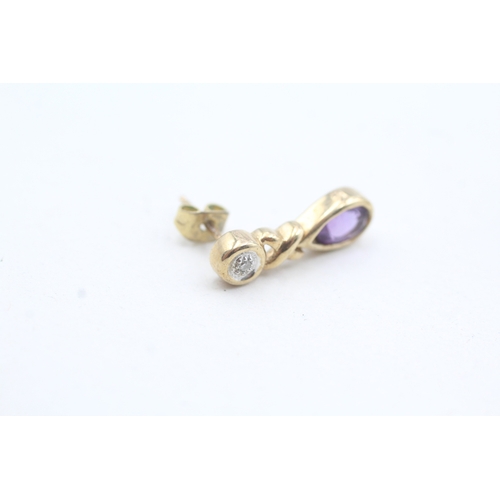 15 - 9ct gold pear cut amethyst & diamond drop earrings (2.7g)