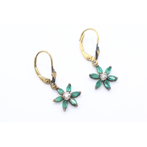 155 - 9ct gold emerald & diamond cluster drop earrings (1.6g)