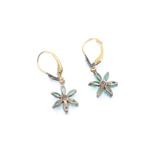 155 - 9ct gold emerald & diamond cluster drop earrings (1.6g)