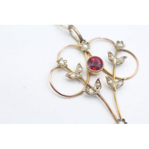 170 - 9ct gold Edwardian garnet & seed pearl art nouveau pendant necklace (2.3g)