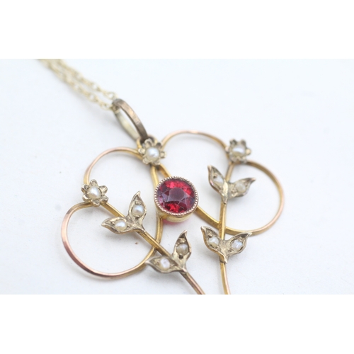 170 - 9ct gold Edwardian garnet & seed pearl art nouveau pendant necklace (2.3g)