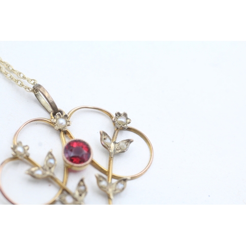 170 - 9ct gold Edwardian garnet & seed pearl art nouveau pendant necklace (2.3g)