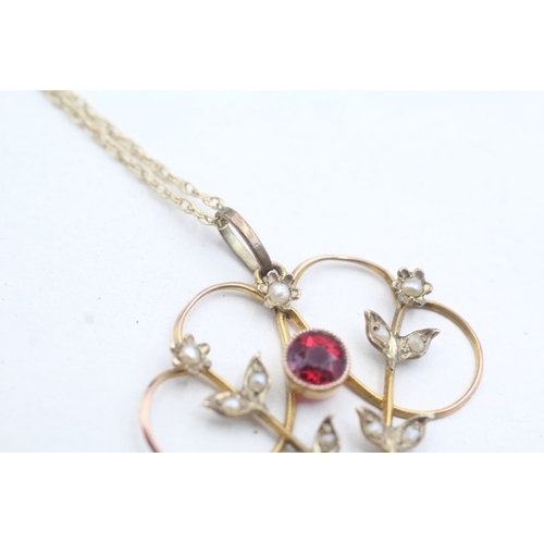 170 - 9ct gold Edwardian garnet & seed pearl art nouveau pendant necklace (2.3g)