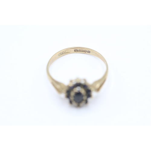 172 - 2x 9ct gold vintage sapphire & diamond cluster ring (3g) Size M + K