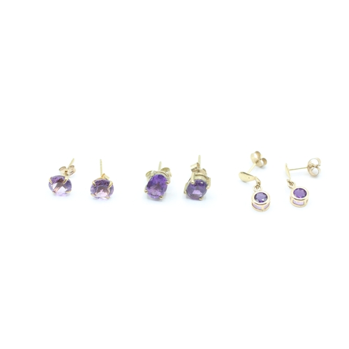 176 - 3x 9ct gold amethyst earrings (2.2g)