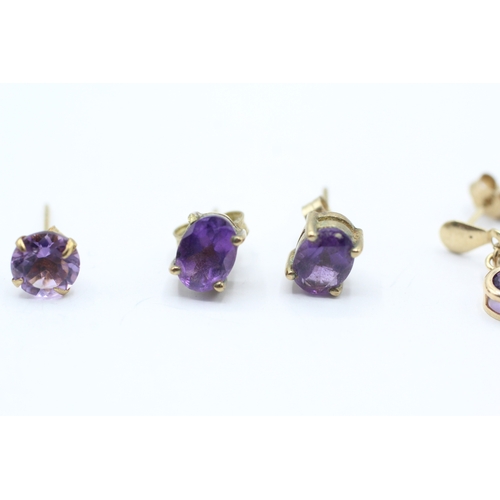 176 - 3x 9ct gold amethyst earrings (2.2g)