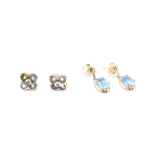 179 - 2x 9ct gold blue topaz & diamond drop & stud earrings (2.9g)