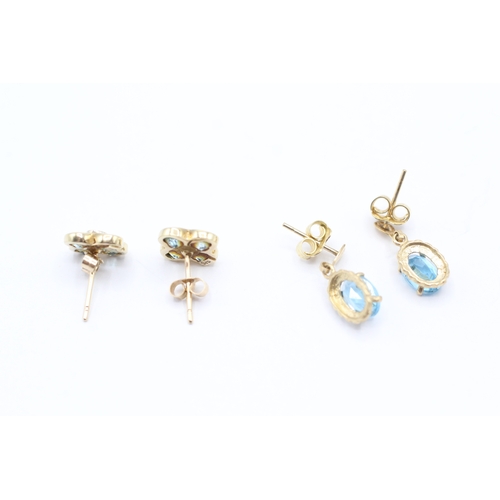 179 - 2x 9ct gold blue topaz & diamond drop & stud earrings (2.9g)