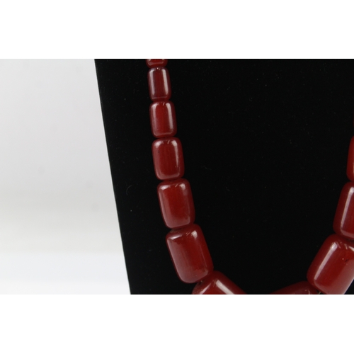 235 - Graduated Cherry Bakelite Barrel Bead Necklace w/ Internal Streaking 87g