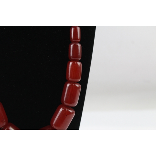 235 - Graduated Cherry Bakelite Barrel Bead Necklace w/ Internal Streaking 87g