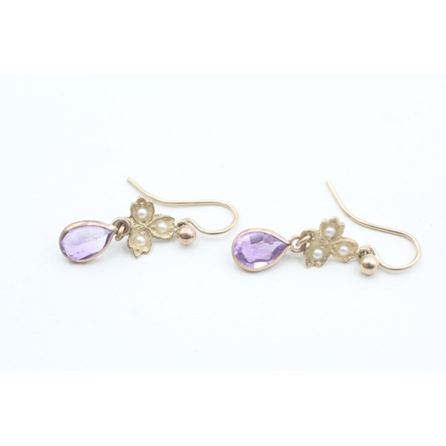 30 - 9ct gold vintage amethyst & seed pearl drop earrings (1.1g)