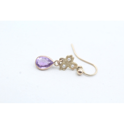 30 - 9ct gold vintage amethyst & seed pearl drop earrings (1.1g)