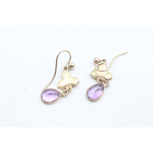 30 - 9ct gold vintage amethyst & seed pearl drop earrings (1.1g)