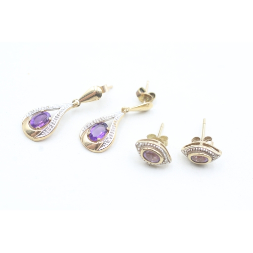 34 - 2x 9ct gold amethyst & diamond drop & stud earrings (3.4g)