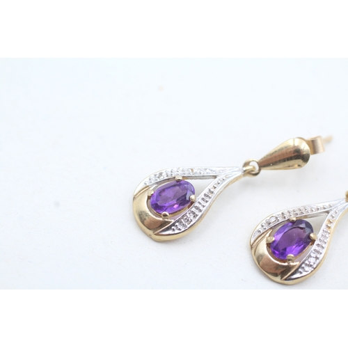 34 - 2x 9ct gold amethyst & diamond drop & stud earrings (3.4g)