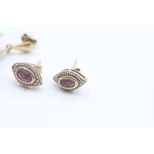 34 - 2x 9ct gold amethyst & diamond drop & stud earrings (3.4g)