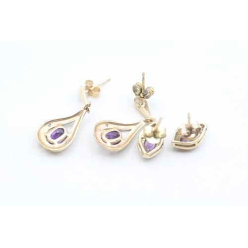 34 - 2x 9ct gold amethyst & diamond drop & stud earrings (3.4g)