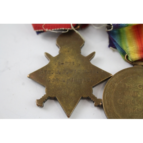 346 - WW1 1914-15 Star Medal Trio S-7219 Pte JP Fiddler Gordon Highrs