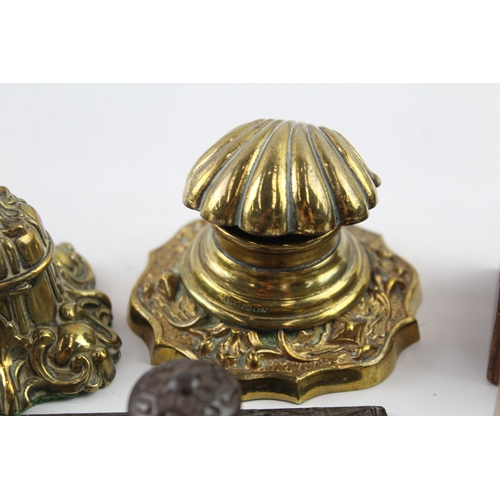 365 - 6 x Antique / Vintage Desk Accessories Inc Travel Inkwell, Brass, Victorian Etc