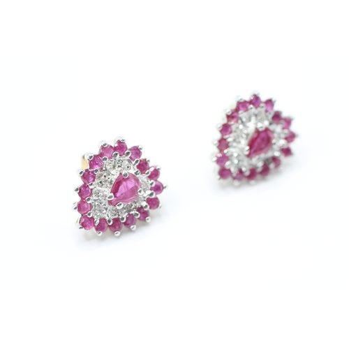 37 - 9ct gold diamond & ruby cluster stud earrings (2.9g)