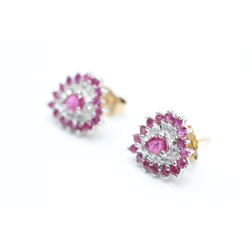 37 - 9ct gold diamond & ruby cluster stud earrings (2.9g)