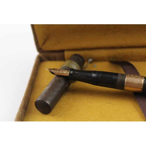 434 - Vintage Waterman Ideal Brown Fountain Pen w/ 14ct Nib, 9ct Gold Banding, Box Etc