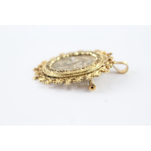 5 - 12ct gold ancient coin set in an 18ct gold mount, wearable as a brooch or pendant (as seen) (14.2g)