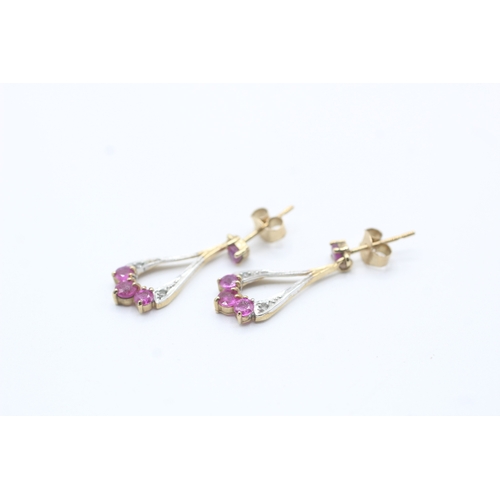 57 - 9ct gold ruby & diamond drop earrings (1.7g)