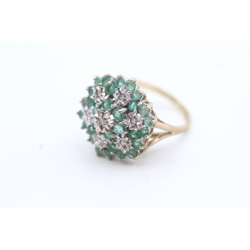 80 - 9ct gold vintage emerald & diamond cocktail ring (4.1g) Size L 1/2