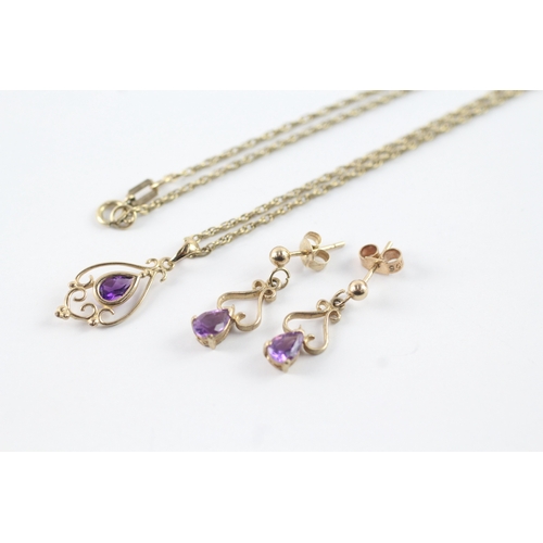 81 - 9ct gold x2 amethyst pendant necklace & drop earrings (3.9g)