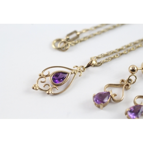 81 - 9ct gold x2 amethyst pendant necklace & drop earrings (3.9g)