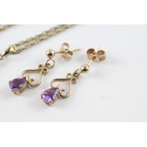 81 - 9ct gold x2 amethyst pendant necklace & drop earrings (3.9g)