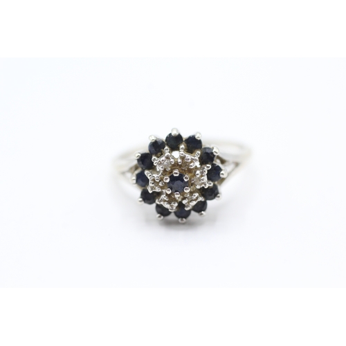 90 - 9ct gold sapphire & diamond cluster ring (3.7g) Size P 1/2