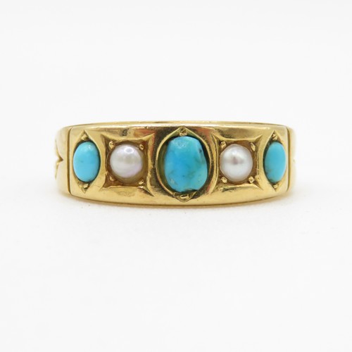 1 - 18ct Gold Turquoise and Seed Pearl Antique Ring (5.2g) Size O 1/2