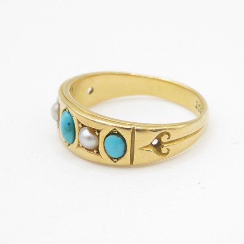 1 - 18ct Gold Turquoise and Seed Pearl Antique Ring (5.2g) Size O 1/2