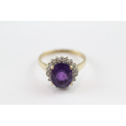 109 - 9ct gold amethyst and diamond halo ring (3g) Size M