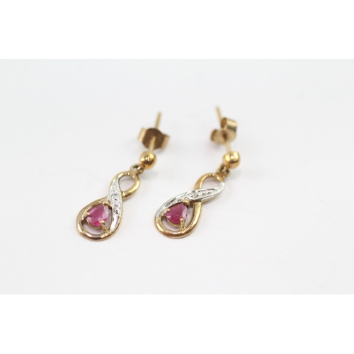 11 - 9ct gold ruby and diamond twist drop earrings (1.1g)