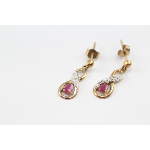 11 - 9ct gold ruby and diamond twist drop earrings (1.1g)