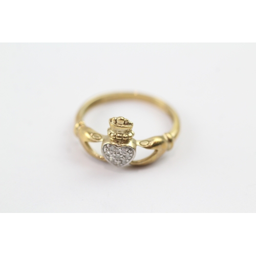 123 - 9ct gold diamond claddagh heart cluster ring (2g) Size N